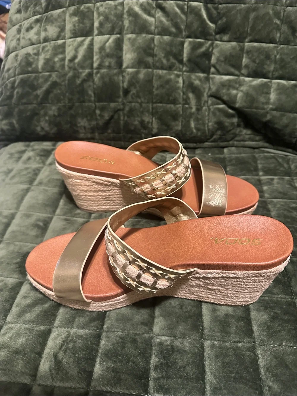 Soda Metallic Gold Braided Double-Strap Wedge Slides